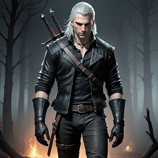 Prompt: In a modern-day setting where the young male Witcher attire leans more toward casual leather wear while still offering protection

Leather jacket
fingerless gloves
black pants
