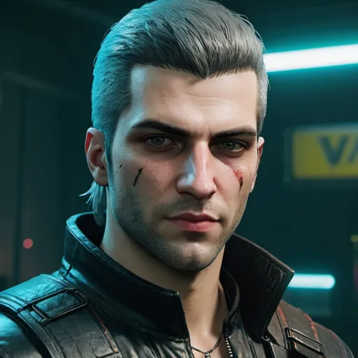 Prompt: a young male Witcher in a cyberpunk 2077 universe being Maxtac agent
