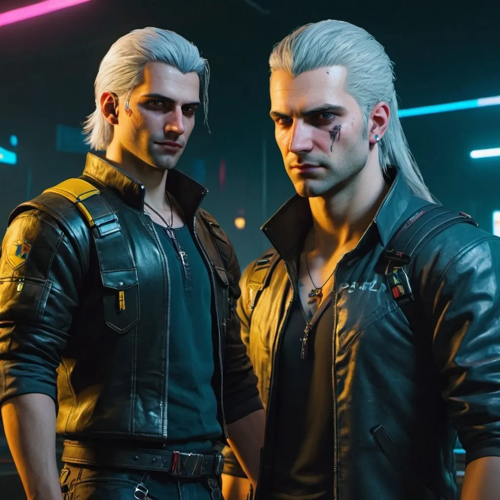 Prompt: a young male witcher in a cyberpunk 2077 universe and a Netwatch agent
