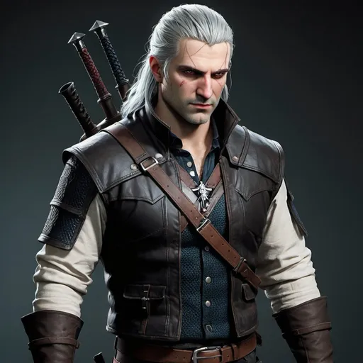 Prompt: 
In a modern-day setting where the young male Witcher attire leans more toward casual leather wear while still offering protection, here's a simpler rendition of his gear:

Leather Jacket: The Witcher dons a classic leather jacket, providing both style and some protection against the elements. It's designed to be rugged yet fashionable, suitable for everyday wear.

Reinforced Vest: Underneath the jacket, he wears a reinforced leather vest, offering modest defense against cuts and impacts. It's discreet and seamlessly integrated into his casual attire.

Slim Leather Pants: His slim leather pants offer flexibility and comfort during combat or everyday activities. They're durable enough to withstand wear and tear, making them suitable for extended wear.

Sturdy Boots: Crafted from sturdy leather, his boots feature reinforced soles for traction and durability. They provide stability on various terrains while keeping his feet comfortable during long walks.

Fingerless Gloves: Made from durable leather, his fingerless gloves offer protection for his hands while allowing for dexterity during combat or handling weapons.

Utility Belt: The Witcher's utility belt is equipped with multiple pockets and compartments for storing essential tools and equipment. It's lightweight and practical, allowing him to carry his gear discreetly.


Messenger Bag: His messenger bag carries additional supplies such as alchemical ingredients, ammunition, and first aid kits. It's designed to be compact and lightweight, suitable for urban or wilderness settings.

This modern Witcher attire emphasizes functionality and style, allowing him to blend seamlessly into everyday life while remaining prepared for any challenges he may encounter.