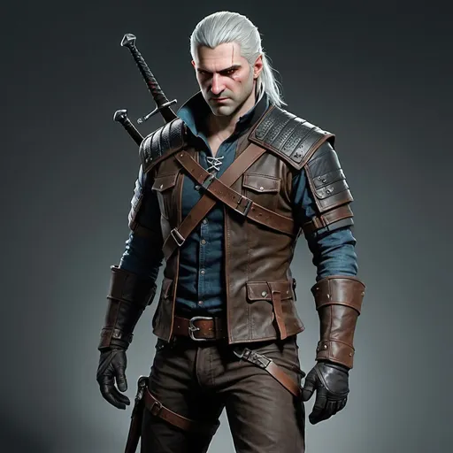 Prompt: 
In a modern-day setting where the young male Witcher attire leans more toward casual leather wear while still offering protection, here's a simpler rendition of his gear:

Leather Jacket: The Witcher dons a classic leather jacket, providing both style and some protection against the elements. It's designed to be rugged yet fashionable, suitable for everyday wear.

Reinforced Vest: Underneath the jacket, he wears a reinforced leather vest, offering modest defense against cuts and impacts. It's discreet and seamlessly integrated into his casual attire.

Slim Leather Pants: His slim leather pants offer flexibility and comfort during combat or everyday activities. They're durable enough to withstand wear and tear, making them suitable for extended wear.

Sturdy Boots: Crafted from sturdy leather, his boots feature reinforced soles for traction and durability. They provide stability on various terrains while keeping his feet comfortable during long walks.

Fingerless Gloves: Made from durable leather, his fingerless gloves offer protection for his hands while allowing for dexterity during combat or handling weapons.

Utility Belt: The Witcher's utility belt is equipped with multiple pockets and compartments for storing essential tools and equipment. It's lightweight and practical, allowing him to carry his gear discreetly.


Messenger Bag: His messenger bag carries additional supplies such as alchemical ingredients, ammunition, and first aid kits. It's designed to be compact and lightweight, suitable for urban or wilderness settings.

This modern Witcher attire emphasizes functionality and style, allowing him to blend seamlessly into everyday life while remaining prepared for any challenges he may encounter.