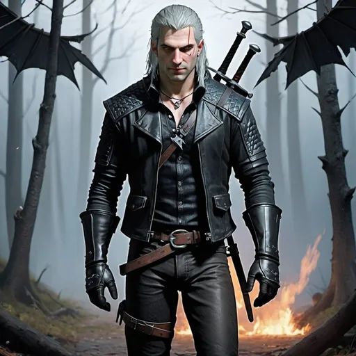 Prompt: In a modern-day setting where the young male Witcher attire leans more toward casual leather wear while still offering protection

Leather jacket
fingerless gloves
black pants
