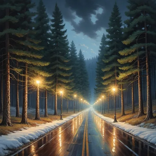 Prompt: oil paint , highres, ultra-detailed, masterpiece, realistic, highly detailed out, abundant pine trees forest on both sides of the road, sharp focus, complex, cinematic, true colors, vibrant, candid, creative, detailed pine trees, detailed street lights, atmospheric lighting, panoramic, night