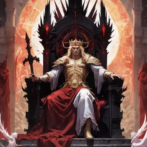Prompt: A stoic King with chiseled features, piercing crimson eyes and ash blonde hair sits on his throne. The throne made from a thousand swords from a thousand defeated enemies.  Appearing from the right side of the throne is an angelic spirit exuding light and deep faith.  Appearing from the left side of  the throne is a demonic spirit wrapped in darkness, a pale visage and sinister grin pierce the darkness from beneath a hood.  