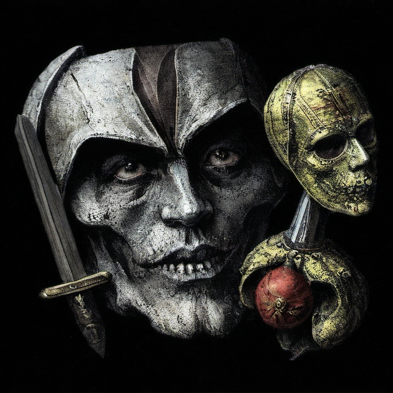 Prompt: hyper-realistic human dark knight character wearing a mask in the shape of a skull with crimson eyes dual wielding swords, fantasy character art, illustration, dnd, dark tone