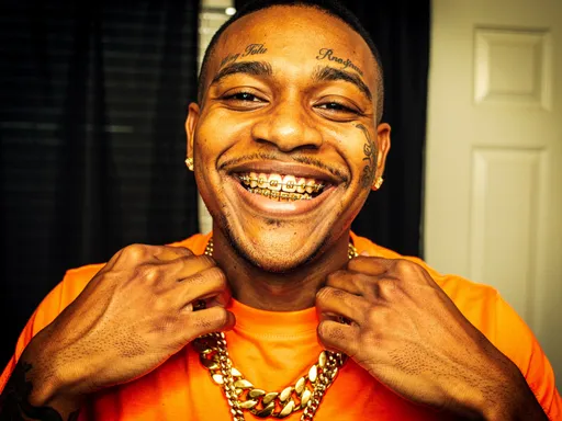 Prompt: This photograph captures a close-up portrait of a man with a broad smile, showcasing his gold dental braces prominently. He has a medium-brown skin tone and short-cropped black hair. His face is adorned with several tattoos, including one on his forehead with text and another on his right cheek. He wears a bright orange t-shirt and multiple gold chains around his neck, one of which has a large, chunky link design. His hands are raised to his neck, fingers gently gripping the chains. The man's ears are pierced with small gold earrings. The background features a black curtain with subtle horizontal lines on the left side and a white door on the right. The lighting is warm, casting a yellowish hue over the entire image, highlighting the man's facial features and the texture of his skin. The photograph has a candid, informal style, emphasizing the subject's confident and cheerful expression.