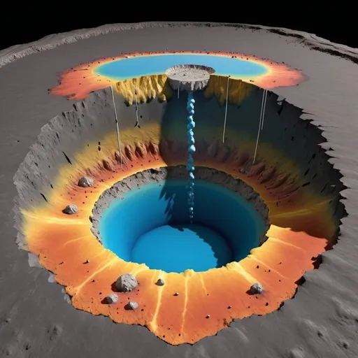 Prompt: cross section of an asteroid impact crater with a hydrothermal system, depicting a hot lake within the crater, a central uplift, and particles at the bottom of the lake representing minerals