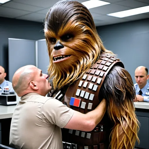 Prompt: Create a new image from your AI brain with Chewbacca putting a man in a head lock and chewing on a bald head as a DMV photo




