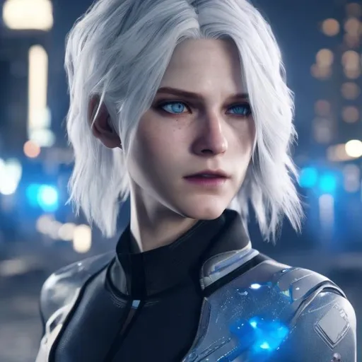 Prompt: A white haired Detroit become human android detective woman blue eyes shoulder length hair slim face pretty