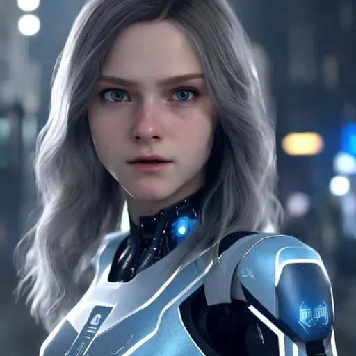 Prompt: Detroit become human android with a suit , female with hair jusg below shoulders that’s white , slim and pretty , blue eyes , hair is slightly poofy ,standing straight up with a beau real face