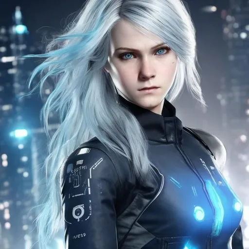 Prompt: Detroit become human detective android with pure white hair blue eyes and is a female who has a bullet shot in their head and there’s blue blood. 