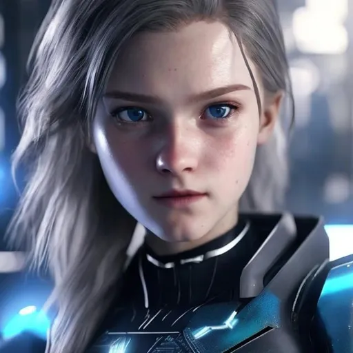 Prompt: Detroit become human android with a suit , female with hair jusg below shoulders that’s white , slim and pretty , blue eyes , hair is slightly poofy ,standing straight up with a beau real face
