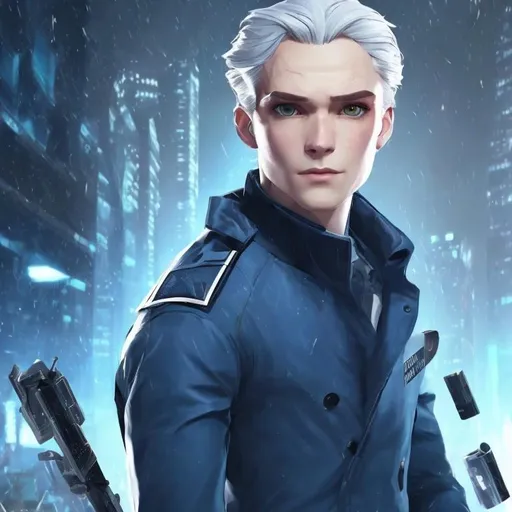 Prompt: A male detective android with messy pure white hair that’s just below the shoulders . Blue eyes and a slim face android detective Detroit become human with visible cheek bones and a bit of sassy attitude