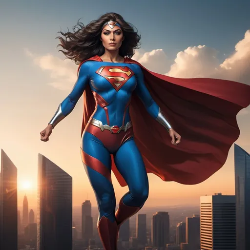 Prompt: Create a highly detailed and dynamic image of Superwoman. She should be depicted as a strong and confident superhero, soaring through the sky above a modern cityscape at sunset. Her costume is sleek and futuristic, with a vibrant blue and red color scheme, complete with a flowing red cape and an emblem resembling a stylized 'S' on her chest. Her hair is long, flowing, and dark, billowing in the wind. The background should feature a stunning skyline with skyscrapers, bathed in the warm hues of the setting sun. The overall mood of the image should be empowering and heroic