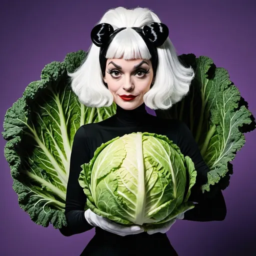 Prompt: A cartoonish image of a cabbage that resembles cruella de vil 