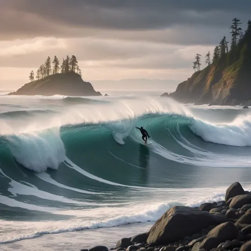 Prompt: Imagine a surfer gliding across the waves, the Pacific Northwest coastline stretching behind them, all cast in a futuristic ambiance.