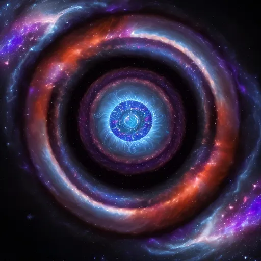 Prompt: In the center of the image, there is a swirling, celestial vortex representing the concept of space. It is a cosmic blend of purples, blues, and deep blacks, with distant stars and galaxies scattered throughout. This vortex extends outwards and gradually morphs into a spiraling clock-like mechanism that symbolizes the passage of time. The clock has no hands, but its gears and cogs appear to turn effortlessly, showing the interconnection of space and time.

Around this central motif, there are abstract figures of humans, their silhouettes weaving in and out of the vortex. Some figures appear to be emerging from the past into the present, while others are transitioning into the future. Their movement is graceful, almost dance-like, symbolizing the journey through time.

The background is a deep, velvety expanse of space, punctuated by distant galaxies and nebulae. Rays of light, emanating from the central vortex, extend into the cosmos, symbolizing the far-reaching influence of space and time.