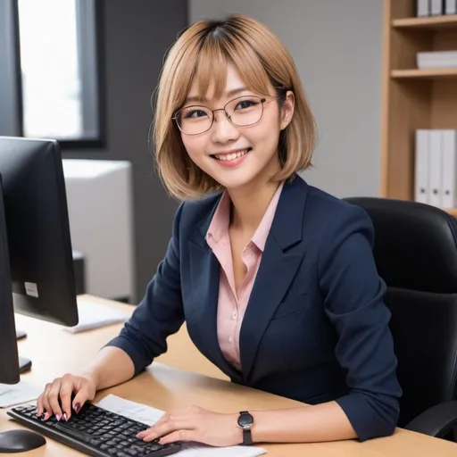Prompt: full body profile shot, 30-year-old Japanese woman, very pretty and cute, slender, wave dark blonde bob hair with bangs, silver accessories, blonde eyes, horn-rimmed glasses, blush on face, left cheek mole, happily smile, bright expression, dark blue skirt suit, black collar shirts, high heels, working on desk, using PC, modern office setting, detailed eyes, warm lighting, real photo, bright colors, detailed hair, highres, cute, have fun
