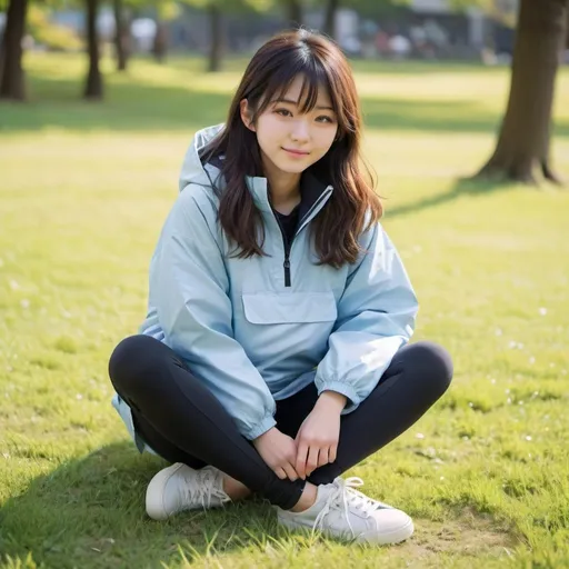 Prompt: full body shot, a 15-year-old japanese girl, relaxing in grass park, bright expression, positive, matted middle length hair, light-blue and ivory anorak, black leggings, white sneakers, real photo, natural lighting, in early morning, detailed eyes