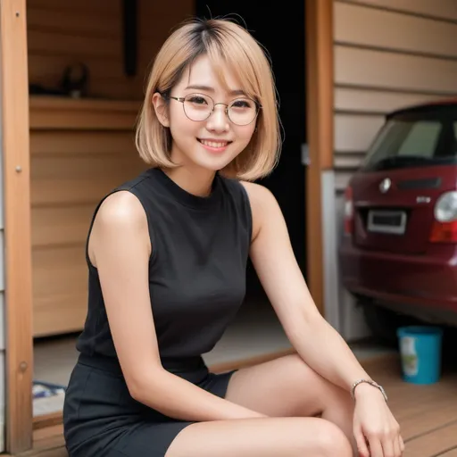 Prompt: Full body snap shot, 28-year-old Japanese woman, very pretty and cute, slender, straight blonde bob hair, silver accessories, brown eyes, wink, black rim glasses, blush on face, left cheek mole, happily smile, tempting, bright expression, sleeveless black cotton shirt, light brown mini tight pencil skirt, black sneakers, relaxed sitting on wooden deck in cozy garage, summer season, at the evening, detailed eyes, warm lighting, real photo, bright colors, detailed hair, highres, cute, natural pose