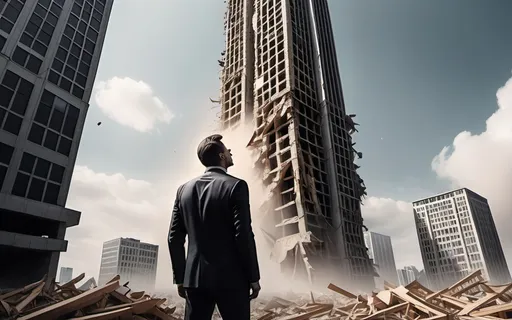 Prompt: Show an overconfident man  in front of a very large and unfinished skyscraper with many parts collapsing hurting other people