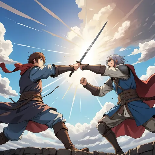 Prompt: Anime Fight scene, mashup, open sky above, medieval style