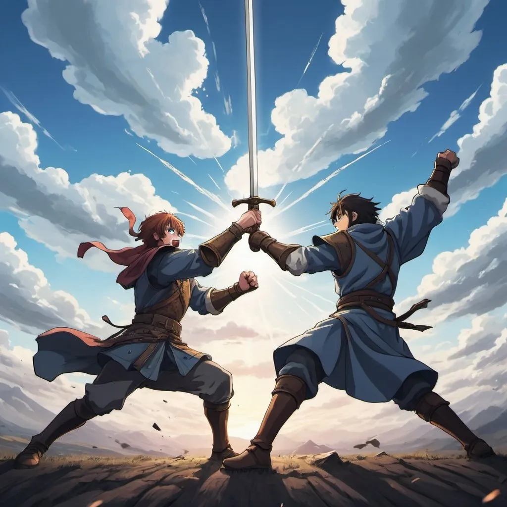 Anime Fight scene, mashup, open sky above, medieval...