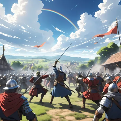 Prompt: Anime Fight scene, mashup, open sky above, medieval style, army's in background