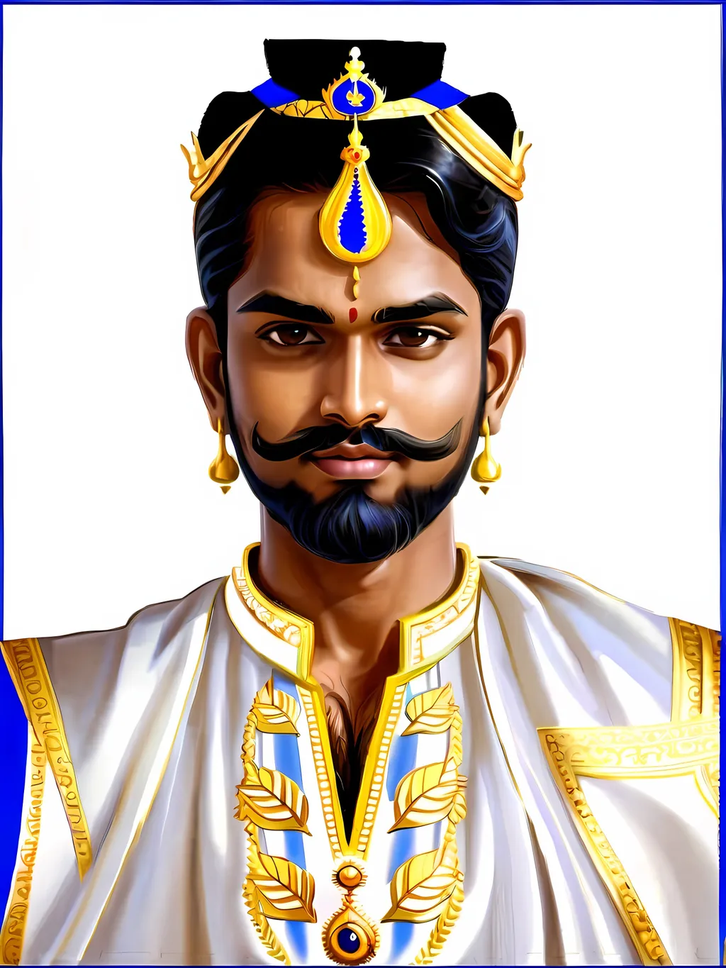 Prompt: make a male king look with this image will blue and gold royal colours dress look like a tamil kings under it name it as Karthick Ravi