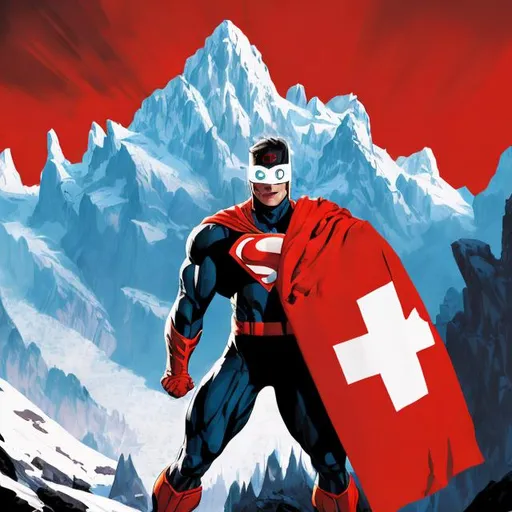 Prompt: Swiss superhero illustration, high quality, detailed mountain landscape in the background, vibrant red and white color scheme, confident and determined expression, heroic stance, alpine equipment, dynamic and powerful, realistic comic book style, vibrant colors, dramatic lighting, highres, detailed superhero costume, strong and muscular, Swiss flag emblem, snow-capped peaks, professional, atmospheric lighting, dynamic pose