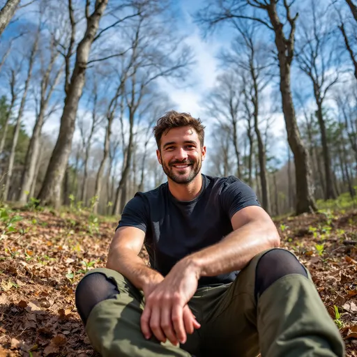 Prompt: Sitting comfortably on the earthy forest floor, a man with a friendly demeanor gazes directly at the camera, surrounded by a serene woodland landscape. Clusters of leafless trees stretch upwards into a bright blue sky punctuated by wispy clouds, creating a tranquil backdrop filled with new spring greenery and scattered leaves on the ground. His casual outfit consists of a simple black t-shirt and olive green pants, which feature mesh knee accents, suggesting a laid-back yet practical nature. The lighting subtly highlights his relaxed expression, contributing to an overall sense of peace and connection with the natural environment, hinting at a moment of pause and reflection amidst a day of exploration.