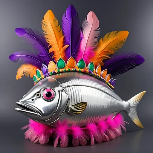 Prompt: a silver sardine wearing a mardi gras headdress with pink, purple and orange feathers