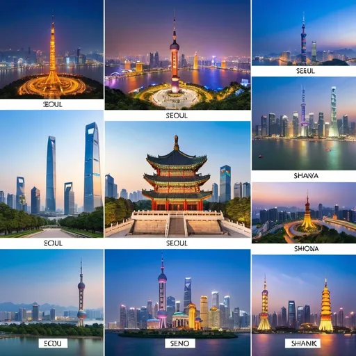 Prompt: One picture includes one landmark each in Seoul, Shanghai, Shenzhen, Beijing, Suzhou, Xi 'an, Hangzhou and Singapore
