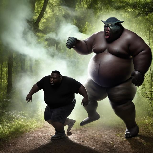 Prompt: Fat black man fighting with bigfoot in the forest and yoda smoke crack