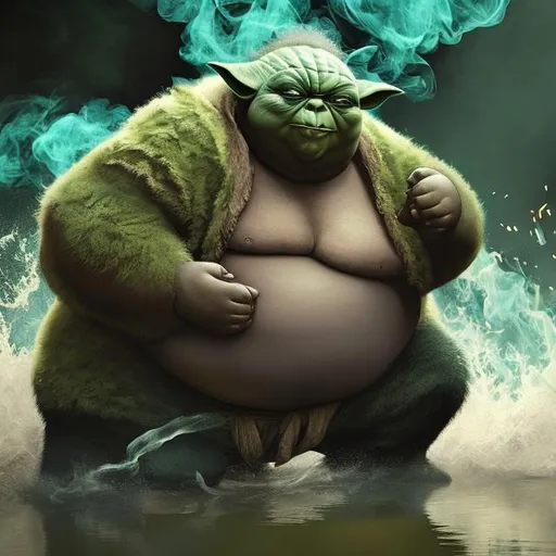Prompt: Fat black man fighting with bear in the river and yoda smoke crack on the tree