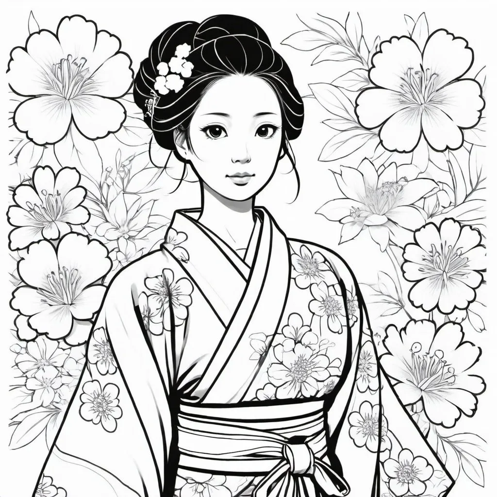 Prompt: A simple Japanese woman wearing a traditional kimono with large, bold floral patterns. Focus on the wide, flowing sleeves and the Obi belt tied at the back, in a simple, bold and easy style