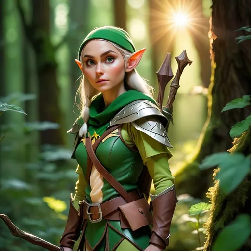 Prompt: Elf ranger in a mystical forest around sunlight