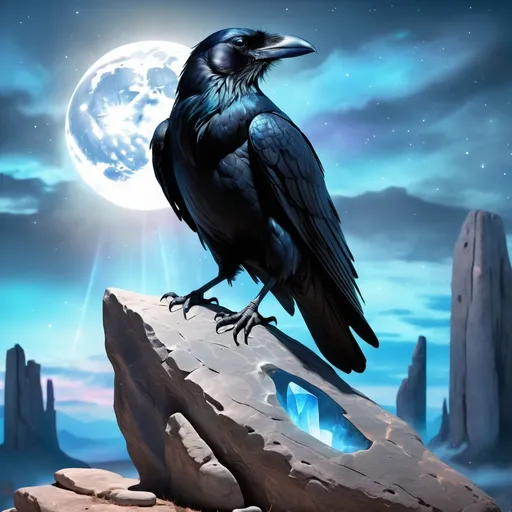 Prompt: Black raven perched upon stone monolith,  full moon with blue magical aura