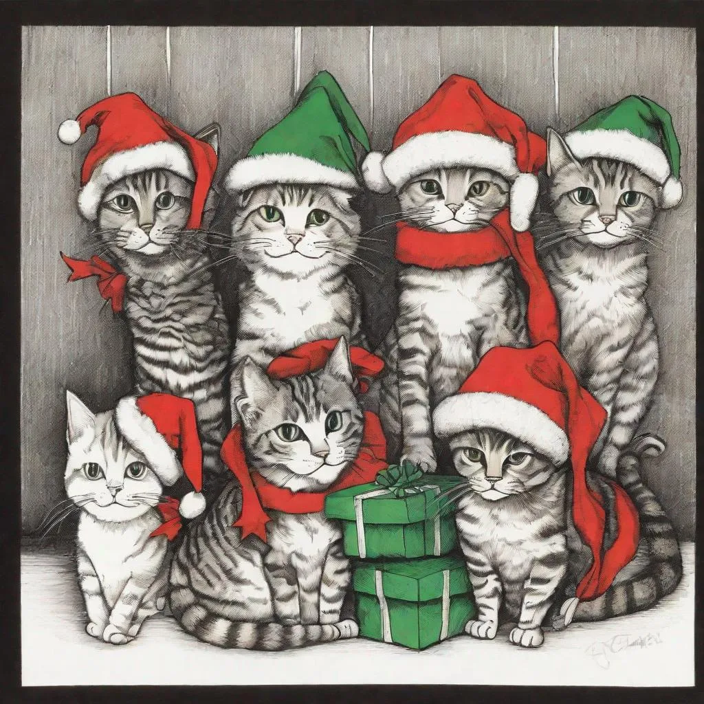 Prompt: pen and ink drawing of christmas cats, full color