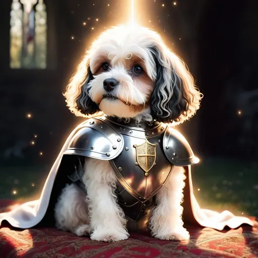 Prompt: black and white cavapoo dog, dressed as medieval knight, magical aura, holy light emanating, 