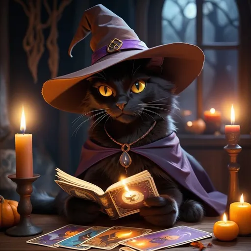 Prompt: magic brown and black cat wearing a witch hat, reading tarot cards by candlelight, high fantasy art style