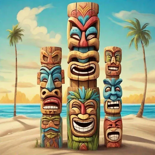 Prompt: Painted, carved wooden totem with tiki faces, smiling, laughing, sand and ocean, sunny sky, cartoon style, colorful