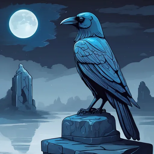 Prompt: stone idol cartoon style somber moonlight raven moors cold magic aura  blue