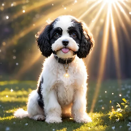 Prompt: black and white cavapoo dog, magical aura, holy light emanating