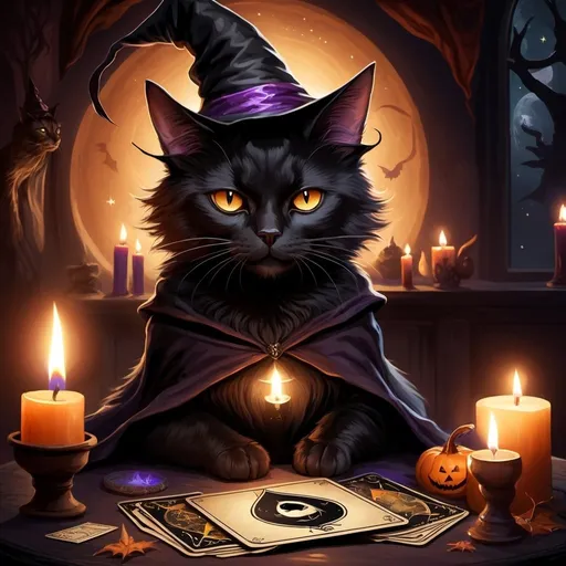 Prompt: magic brown and black cat wearing a witch hat, reading tarot cards by candlelight, high fantasy art style
