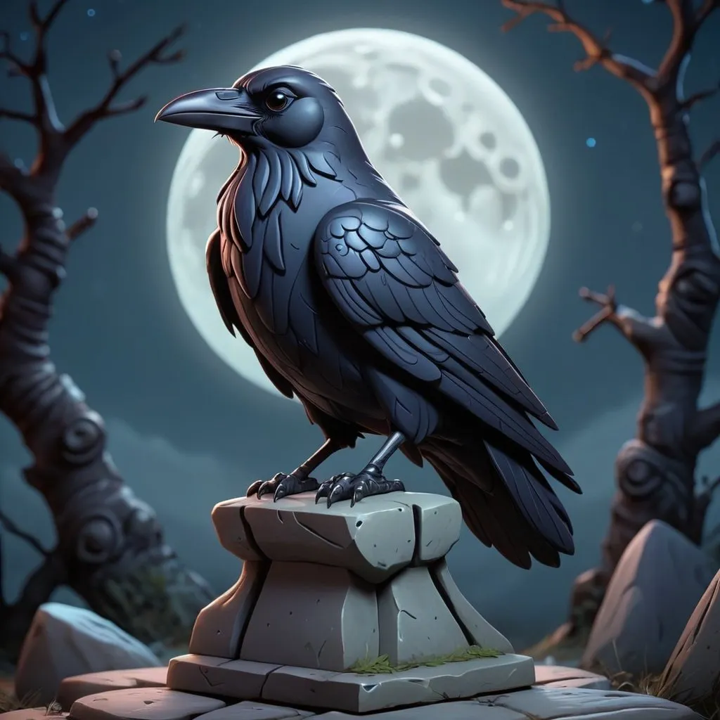 Prompt: stone idol cartoon style somber moonlight raven moors cold