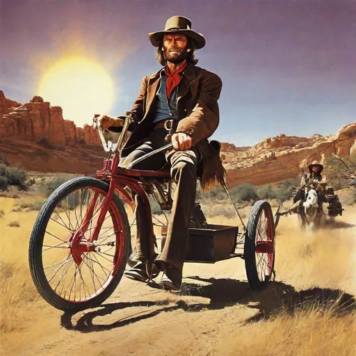 Prompt: movie poster for outlaw josey wales, clint eastwood riding a tricycle, bold, bright sun