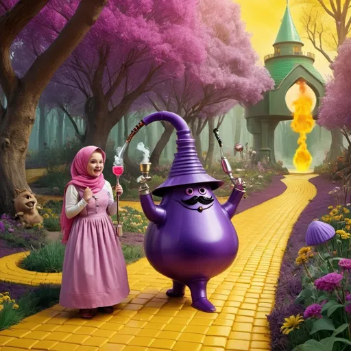 Prompt: An image representing the Wizard of Oz story where a fat cartoon-like (((purple hookah))) with eyes, and a mustache meets up with a girl in a pink (((hijab))). Both journey together along a (((yellow brick road))), passing through a (forest where they meet a camell and other fantastical creatures) representing Arabic foods.