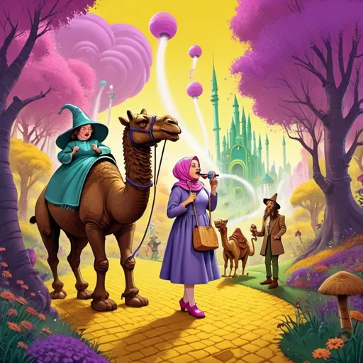 Prompt: Cartoon illustration of Wizard of Oz story, fat purple hookah with eyes and mustache, girl in pink hijab, journey on yellow brick road, forest encounter with camel and fantastical creatures, vibrant colors, whimsical art style, detailed characters, fantasy, vibrant colors, whimsical, cartoon style, detailed, magical lighting