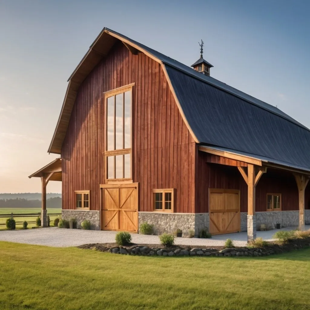 Prompt: An elegant high end barn house made of wood in a rural setting